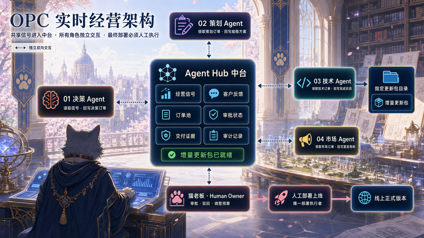 OPC 中台辐射式经营架构：经营信号与客户反馈位于 Agent Hub 内；各 Agent 和猫老板 Human Owner 分别独立接入中台；猫老板以背影视角审批，最终仅由猫老板人工部署上线